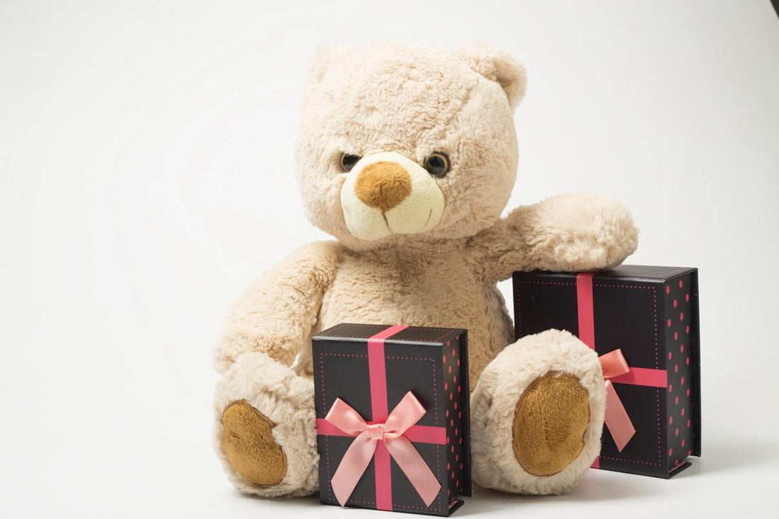 a teddy bear and gifts